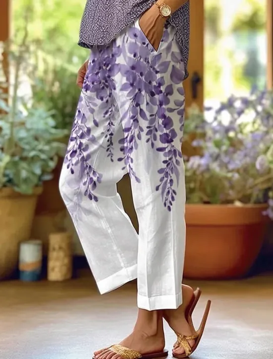 Sale Women's Skinny Elegant Vacation Vintage Full Length High Waist Floral Graphic Printing Breathable Soft Micro-elastic Formal Outdoor Vacation White Blue Purple Green Summer Spring Regular Fit Women Pants
