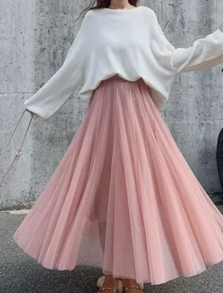 Hot Women's Skirt & Dress Swing Tutu Long Skirt Maxi Skirts Pleated Layered Tulle Solid Colored Street Prom Summer Elegant Vintage Black Khaki Beige Women Skirts