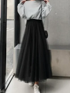 Hot Women's Skirt & Dress Swing Tutu Long Skirt Maxi Skirts Pleated Layered Tulle Solid Colored Street Prom Summer Elegant Vintage Black Khaki Beige Women Skirts