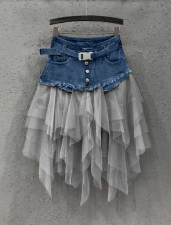 Clearance Women's Skirt A Line Basic Long Carnival Costumes Ladies Asymmetrical Skirts Color Block Solid Colored Pleated Tulle Vacation Daily Wear Black Light Blue Summer Denim Women Skirts