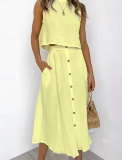 Online Women's Skirt A Line Basic Casual Maxi High Waist Skirts Solid Colored Pocket Casual Daily Weekend White Yellow Pink Red Summer Cotton Women Skirts|Dresses