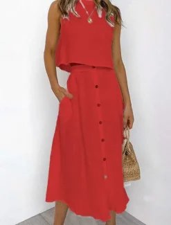 Online Women's Skirt A Line Basic Casual Maxi High Waist Skirts Solid Colored Pocket Casual Daily Weekend White Yellow Pink Red Summer Cotton Women Skirts|Dresses