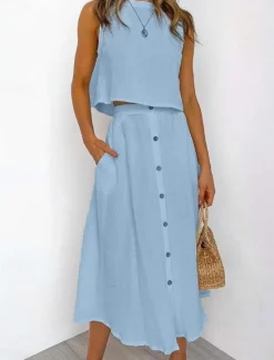 Online Women's Skirt A Line Basic Casual Maxi High Waist Skirts Solid Colored Pocket Casual Daily Weekend White Yellow Pink Red Summer Cotton Women Skirts|Dresses