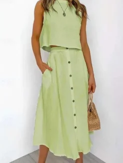Online Women's Skirt A Line Basic Casual Maxi High Waist Skirts Solid Colored Pocket Casual Daily Weekend White Yellow Pink Red Summer Cotton Women Skirts|Dresses