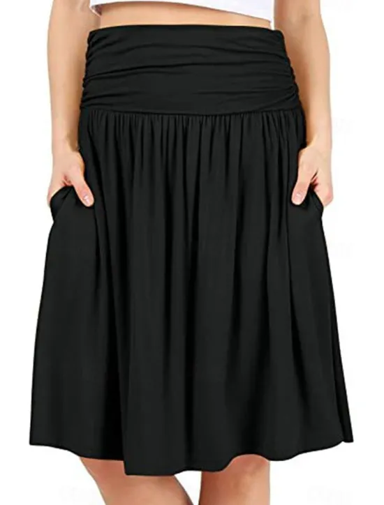 Outlet Women's Skirt A Line Basic Casual Knee-length High Waist Skirts Solid Colored Pocket Casual Daily Weekend Camel Wine Black Army Green Summer Cotton Women Skirts