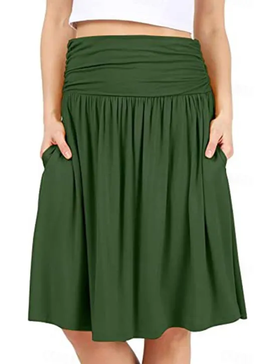 Outlet Women's Skirt A Line Basic Casual Knee-length High Waist Skirts Solid Colored Pocket Casual Daily Weekend Camel Wine Black Army Green Summer Cotton Women Skirts