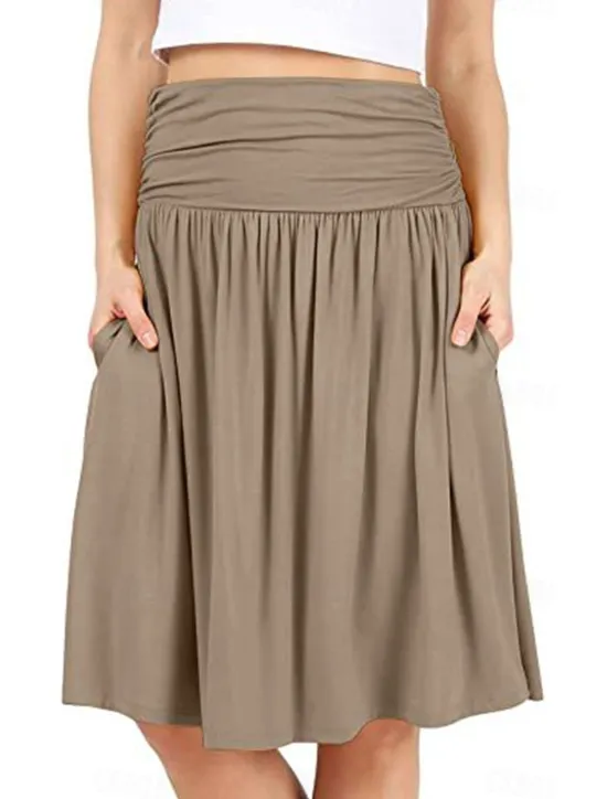 Outlet Women's Skirt A Line Basic Casual Knee-length High Waist Skirts Solid Colored Pocket Casual Daily Weekend Camel Wine Black Army Green Summer Cotton Women Skirts