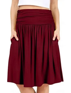 Outlet Women's Skirt A Line Basic Casual Knee-length High Waist Skirts Solid Colored Pocket Casual Daily Weekend Camel Wine Black Army Green Summer Cotton Women Skirts