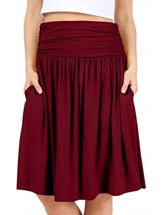 Outlet Women's Skirt A Line Basic Casual Knee-length High Waist Skirts Solid Colored Pocket Casual Daily Weekend Camel Wine Black Army Green Summer Cotton Women Skirts