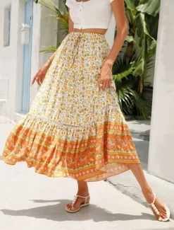 Outlet Women's Skirt A Line Bohemia Casual Midi High Waist Skirts Floral Pocket Print Micro-elastic Street Daily Red Orange Dark Blue Apricot Summer Rayon Women Skirts