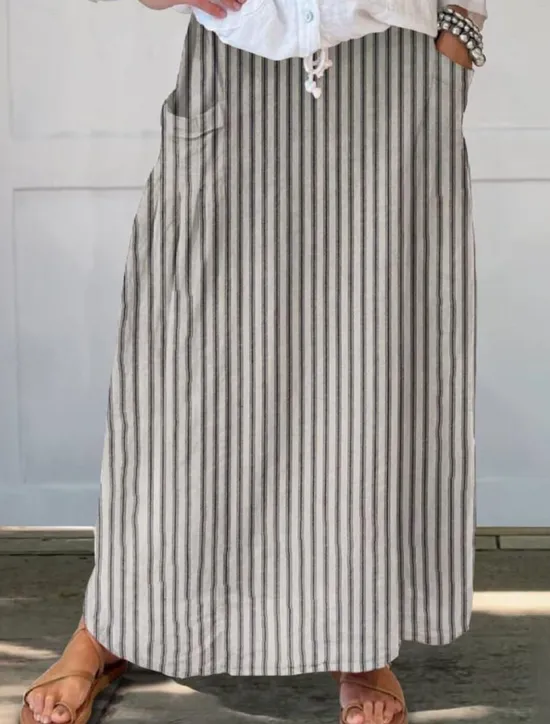 Discount Women's Skirt A Line Bohemia Vintage Casual Maxi High Waist Skirts Striped Pocket Print Micro-elastic Street Daily Blue Brown Apricot Gray Summer Polyester Cotton Blend Women Skirts