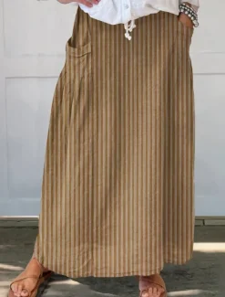 Discount Women's Skirt A Line Bohemia Vintage Casual Maxi High Waist Skirts Striped Pocket Print Micro-elastic Street Daily Blue Brown Apricot Gray Summer Polyester Cotton Blend Women Skirts
