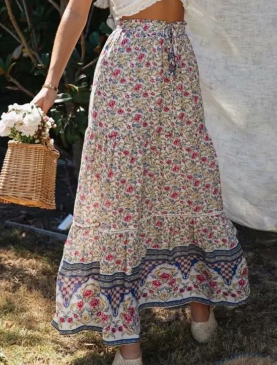 Sale Women's Skirt A Line Bohemia Casual Maxi High Waist Skirts Floral Print Micro-elastic Street Daily Red Apricot Summer Polyester Rayon Women Skirts