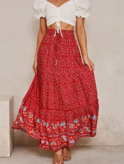 Sale Women's Skirt A Line Bohemia Casual Maxi High Waist Skirts Floral Print Micro-elastic Street Daily Red Apricot Summer Polyester Rayon Women Skirts
