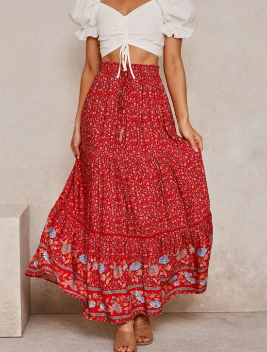 Sale Women's Skirt A Line Bohemia Casual Maxi High Waist Skirts Floral Print Micro-elastic Street Daily Red Apricot Summer Polyester Rayon Women Skirts