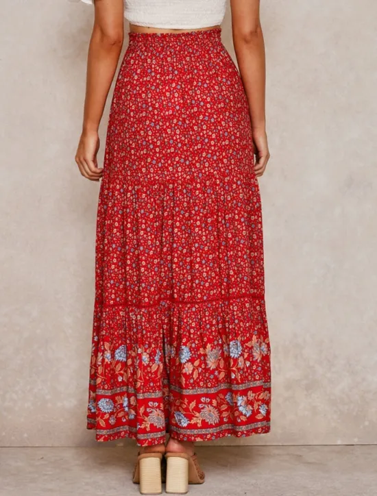 Sale Women's Skirt A Line Bohemia Casual Maxi High Waist Skirts Floral Print Micro-elastic Street Daily Red Apricot Summer Polyester Rayon Women Skirts