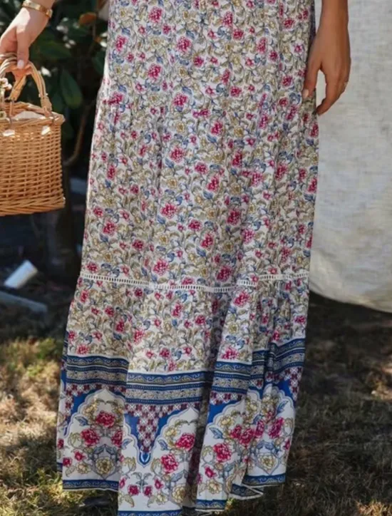 Sale Women's Skirt A Line Bohemia Casual Maxi High Waist Skirts Floral Print Micro-elastic Street Daily Red Apricot Summer Polyester Rayon Women Skirts