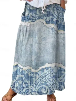 Outlet Women's Skirt A Line Bohemia Vintage Casual Maxi High Waist Skirts Floral Pocket Print Micro-elastic Street Daily Navy Blue Blue Sky Blue Brown Summer Polyester Faux Linen Women Skirts