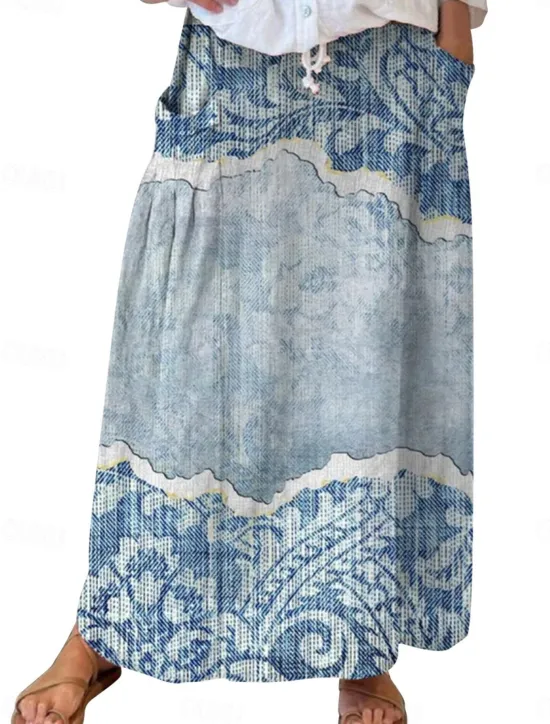 Outlet Women's Skirt A Line Bohemia Vintage Casual Maxi High Waist Skirts Floral Pocket Print Micro-elastic Street Daily Navy Blue Blue Sky Blue Brown Summer Polyester Faux Linen Women Skirts
