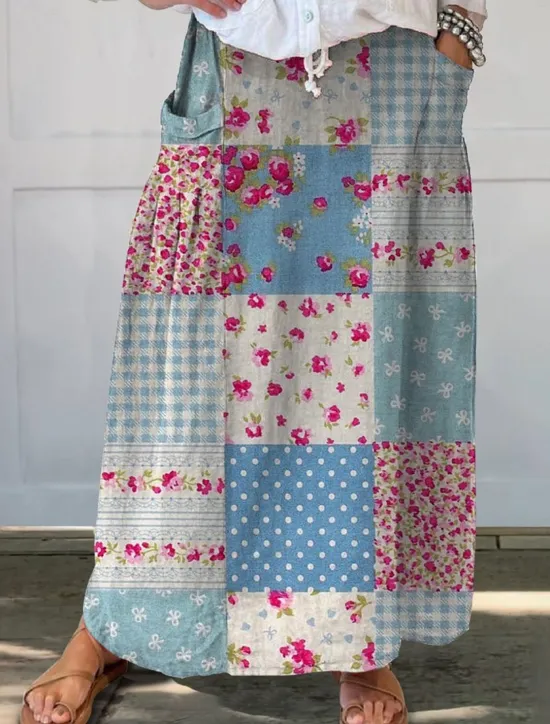 Outlet Women's Skirt A Line Bohemia Vintage Casual Maxi High Waist Skirts Floral Pocket Print Micro-elastic Street Daily Navy Blue Blue Sky Blue Brown Summer Polyester Faux Linen Women Skirts