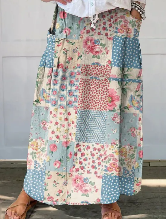 Outlet Women's Skirt A Line Bohemia Vintage Casual Maxi High Waist Skirts Floral Pocket Print Micro-elastic Street Daily Navy Blue Blue Sky Blue Brown Summer Polyester Faux Linen Women Skirts