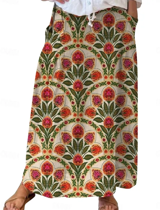 Outlet Women's Skirt A Line Bohemia Vintage Casual Maxi High Waist Skirts Floral Pocket Print Micro-elastic Street Daily Navy Blue Blue Sky Blue Brown Summer Polyester Faux Linen Women Skirts