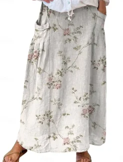 Outlet Women's Skirt A Line Bohemia Vintage Casual Maxi High Waist Skirts Floral Pocket Print Micro-elastic Street Daily White Blue Green Gray Summer Polyester Cotton Blend Women Skirts