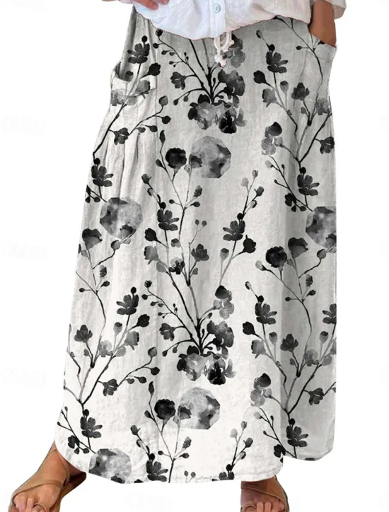 Outlet Women's Skirt A Line Bohemia Vintage Casual Maxi High Waist Skirts Floral Pocket Print Micro-elastic Street Daily White Blue Green Gray Summer Polyester Cotton Blend Women Skirts