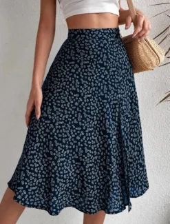 Online Women's Skirt A Line Casual Knee-length Mid Rise Skirts Floral Print Micro-elastic Vacation Street Black Yellow Blue Orange Summer Polyester Women Skirts