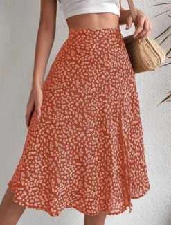 Online Women's Skirt A Line Casual Knee-length Mid Rise Skirts Floral Print Micro-elastic Vacation Street Black Yellow Blue Orange Summer Polyester Women Skirts