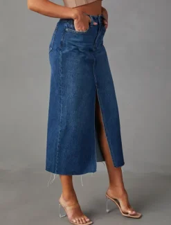 Sale Women's Skirt A Line Denim Midi Skirt Fashion Casual Midi High Waist Skirts Solid Colored Pocket Split Ends Street Daily Blue Light Blue Summer Denim Women Skirts