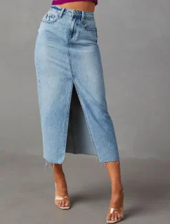Sale Women's Skirt A Line Denim Midi Skirt Fashion Casual Midi High Waist Skirts Solid Colored Pocket Split Ends Street Daily Blue Light Blue Summer Denim Women Skirts