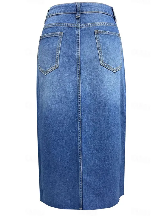 Sale Women's Skirt A Line Denim Midi Skirt Fashion Casual Midi High Waist Skirts Solid Colored Pocket Split Ends Street Daily Blue Light Blue Summer Denim Women Skirts