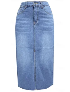 Sale Women's Skirt A Line Denim Midi Skirt Fashion Casual Midi High Waist Skirts Solid Colored Pocket Split Ends Street Daily Blue Light Blue Summer Denim Women Skirts
