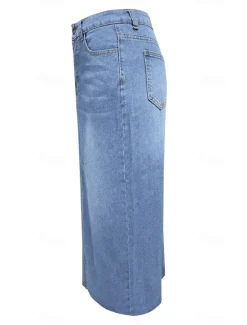Sale Women's Skirt A Line Denim Midi Skirt Fashion Casual Midi High Waist Skirts Solid Colored Pocket Split Ends Street Daily Blue Light Blue Summer Denim Women Skirts