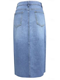 Sale Women's Skirt A Line Denim Midi Skirt Fashion Casual Midi High Waist Skirts Solid Colored Pocket Split Ends Street Daily Blue Light Blue Summer Denim Women Skirts