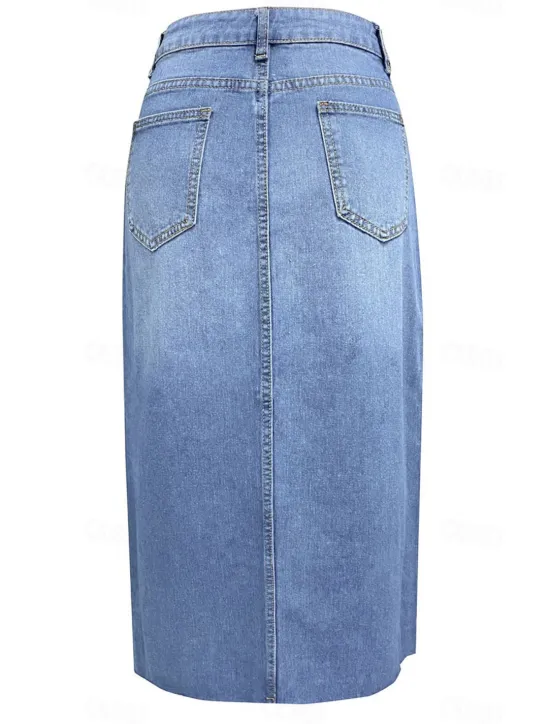 Sale Women's Skirt A Line Denim Midi Skirt Fashion Casual Midi High Waist Skirts Solid Colored Pocket Split Ends Street Daily Blue Light Blue Summer Denim Women Skirts