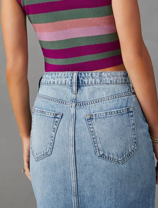 Sale Women's Skirt A Line Denim Midi Skirt Fashion Casual Midi High Waist Skirts Solid Colored Pocket Split Ends Street Daily Blue Light Blue Summer Denim Women Skirts