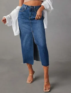 Sale Women's Skirt A Line Denim Midi Skirt Fashion Casual Midi High Waist Skirts Solid Colored Pocket Split Ends Street Daily Blue Light Blue Summer Denim Women Skirts