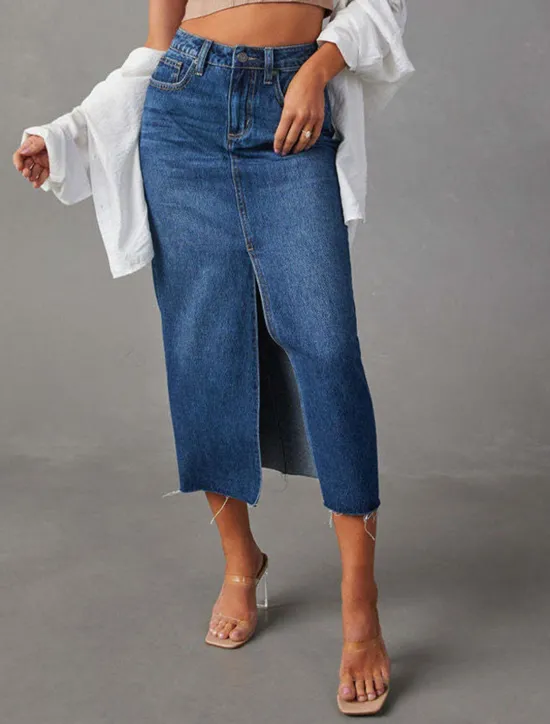 Sale Women's Skirt A Line Denim Midi Skirt Fashion Casual Midi High Waist Skirts Solid Colored Pocket Split Ends Street Daily Blue Light Blue Summer Denim Women Skirts