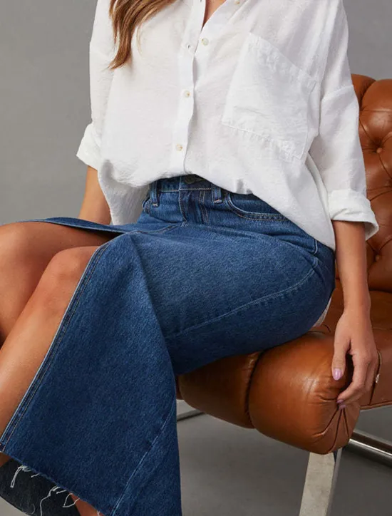 Sale Women's Skirt A Line Denim Midi Skirt Fashion Casual Midi High Waist Skirts Solid Colored Pocket Split Ends Street Daily Blue Light Blue Summer Denim Women Skirts