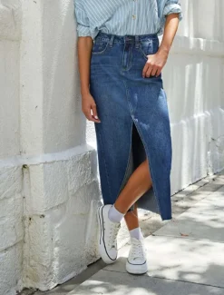 Sale Women's Skirt A Line Denim Midi Skirt Fashion Casual Midi High Waist Skirts Solid Colored Pocket Split Ends Street Daily Blue Light Blue Summer Denim Women Skirts