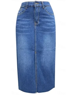 Sale Women's Skirt A Line Denim Midi Skirt Fashion Casual Midi High Waist Skirts Solid Colored Pocket Split Ends Street Daily Blue Light Blue Summer Denim Women Skirts