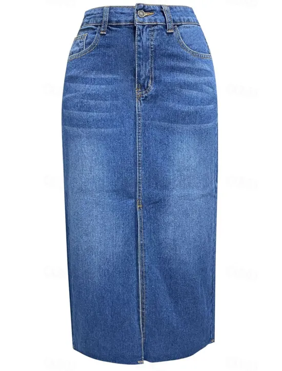 Sale Women's Skirt A Line Denim Midi Skirt Fashion Casual Midi High Waist Skirts Solid Colored Pocket Split Ends Street Daily Blue Light Blue Summer Denim Women Skirts