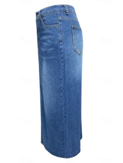 Sale Women's Skirt A Line Denim Midi Skirt Fashion Casual Midi High Waist Skirts Solid Colored Pocket Split Ends Street Daily Blue Light Blue Summer Denim Women Skirts