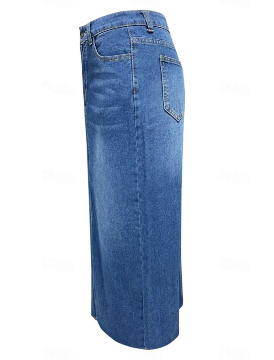 Sale Women's Skirt A Line Denim Midi Skirt Fashion Casual Midi High Waist Skirts Solid Colored Pocket Split Ends Street Daily Blue Light Blue Summer Denim Women Skirts