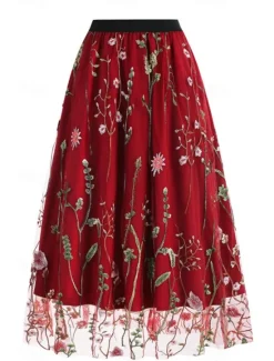 Hot Women's Skirt A Line Elegant Fashion Casual Maxi High Waist Skirts Floral Embroidered Micro-elastic Street Daily Black White Red Blue Summer Polyester Women Skirts