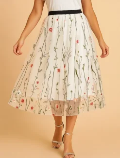 Hot Women's Skirt A Line Elegant Fashion Casual Maxi High Waist Skirts Floral Embroidered Micro-elastic Street Daily Black White Red Blue Summer Polyester Women Skirts