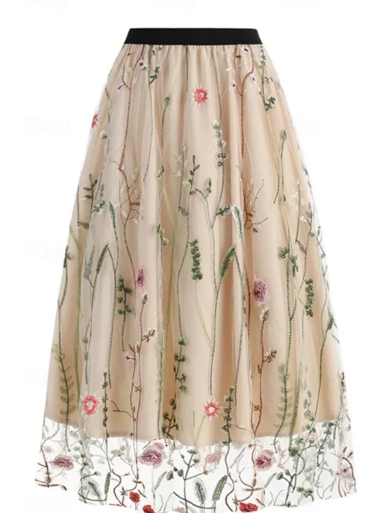Hot Women's Skirt A Line Elegant Fashion Casual Maxi High Waist Skirts Floral Embroidered Micro-elastic Street Daily Black White Red Blue Summer Polyester Women Skirts