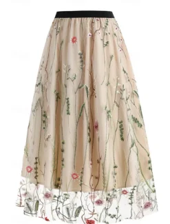 Hot Women's Skirt A Line Elegant Fashion Casual Maxi High Waist Skirts Floral Embroidered Micro-elastic Street Daily Black White Red Blue Summer Polyester Women Skirts
